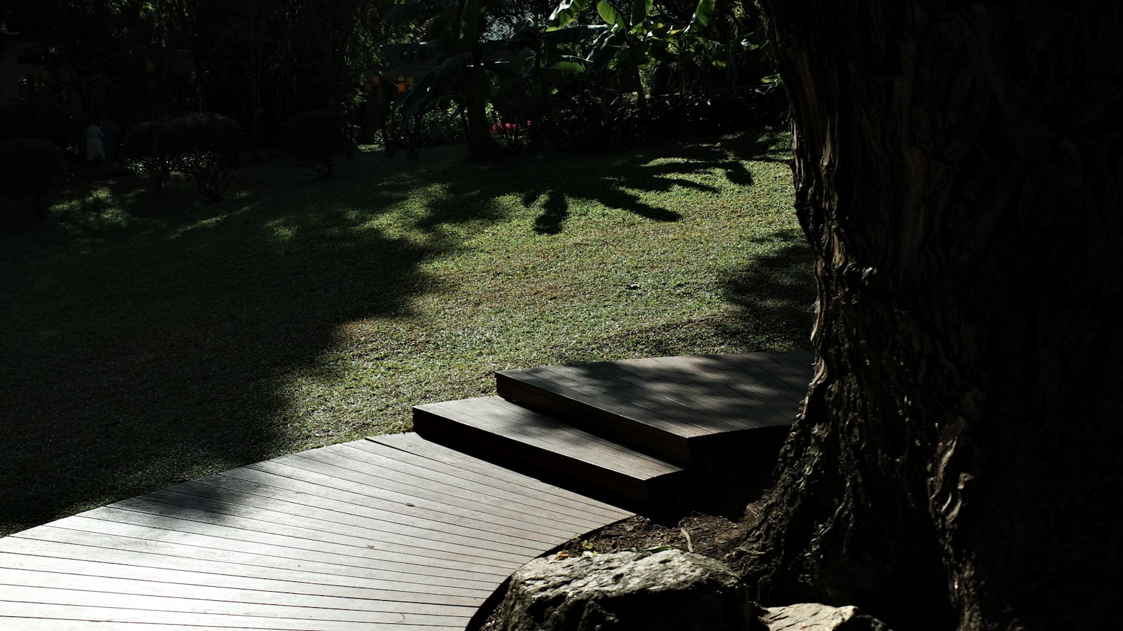 Wooden deck and steps leading to a grassy yard